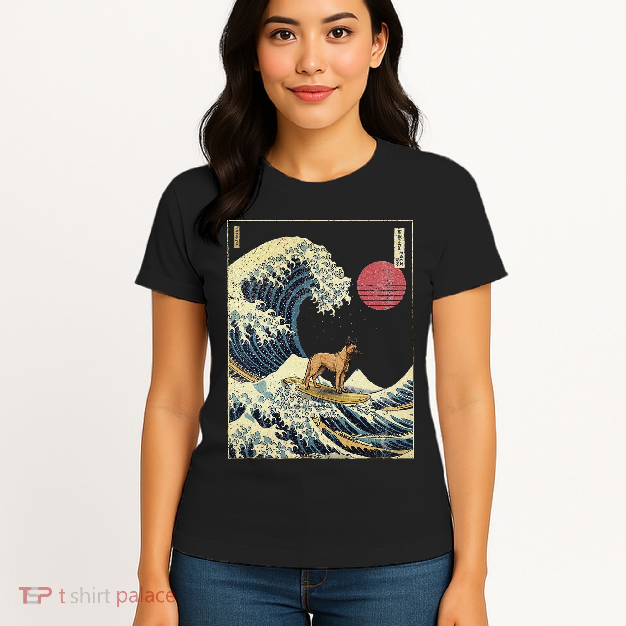 Belgian Malinois Japanese Kanagawa Wave Funny Surf Dog Women's T-Shirt