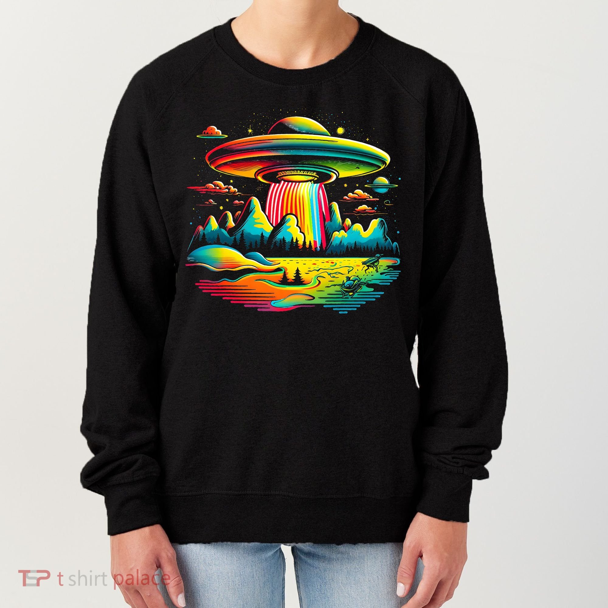 Bright Mountain Lake Camping Visitor UFO Alien Retro Women's Sweatshirt