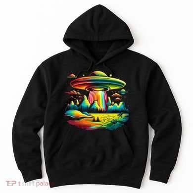 Bright Mountain Lake Camping Visitor UFO Alien Retro Hoodie