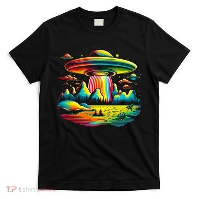 Bright Mountain Lake Camping Visitor UFO Alien Retro T-Shirt