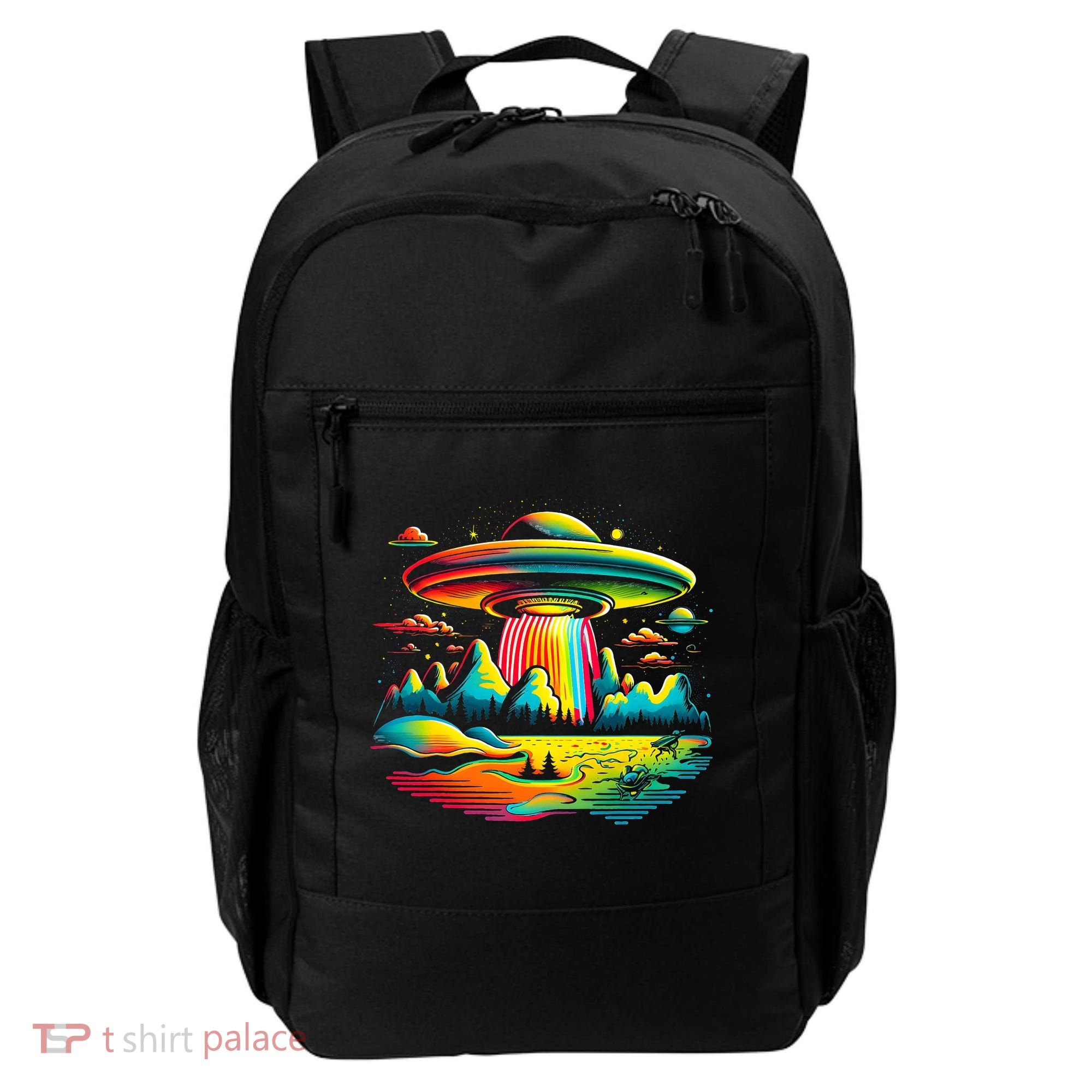 Bright Mountain Lake Camping Visitor UFO Alien Retro Backpack