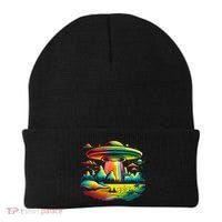 Bright Mountain Lake Camping Visitor UFO Alien Retro Beanie thumb 0