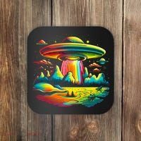 Bright Mountain Lake Camping Visitor UFO Alien Retro Coaster thumb 0