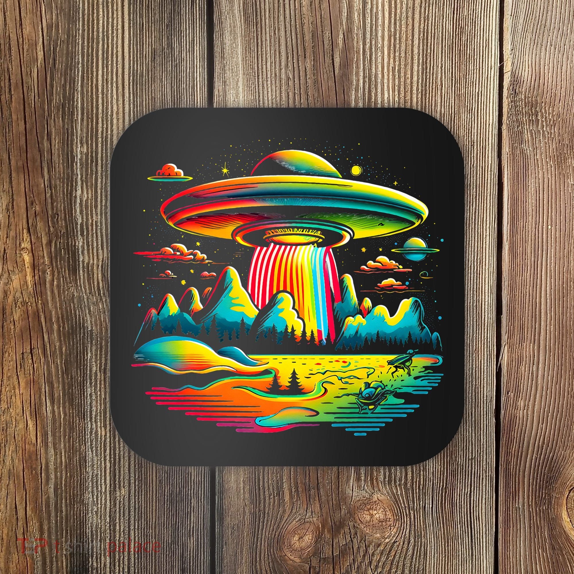 Bright Mountain Lake Camping Visitor UFO Alien Retro Coaster