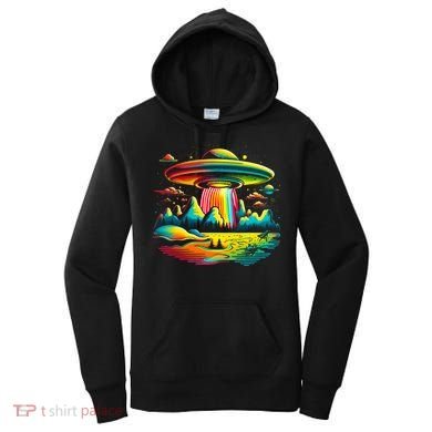 Bright Mountain Lake Camping Visitor UFO Alien Retro Women's Hoodie