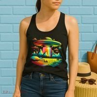 Bright Mountain Lake Camping Visitor UFO Alien Retro Women's Tank Top thumb 2