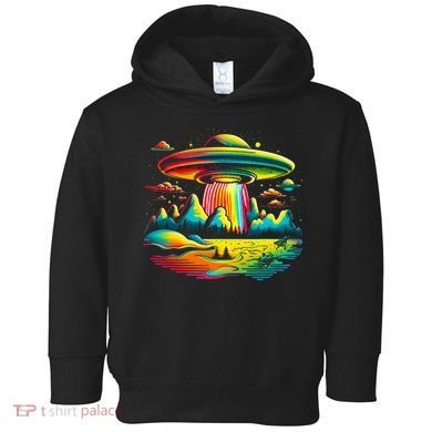 Bright Mountain Lake Camping Visitor UFO Alien Retro Toddler Hoodie