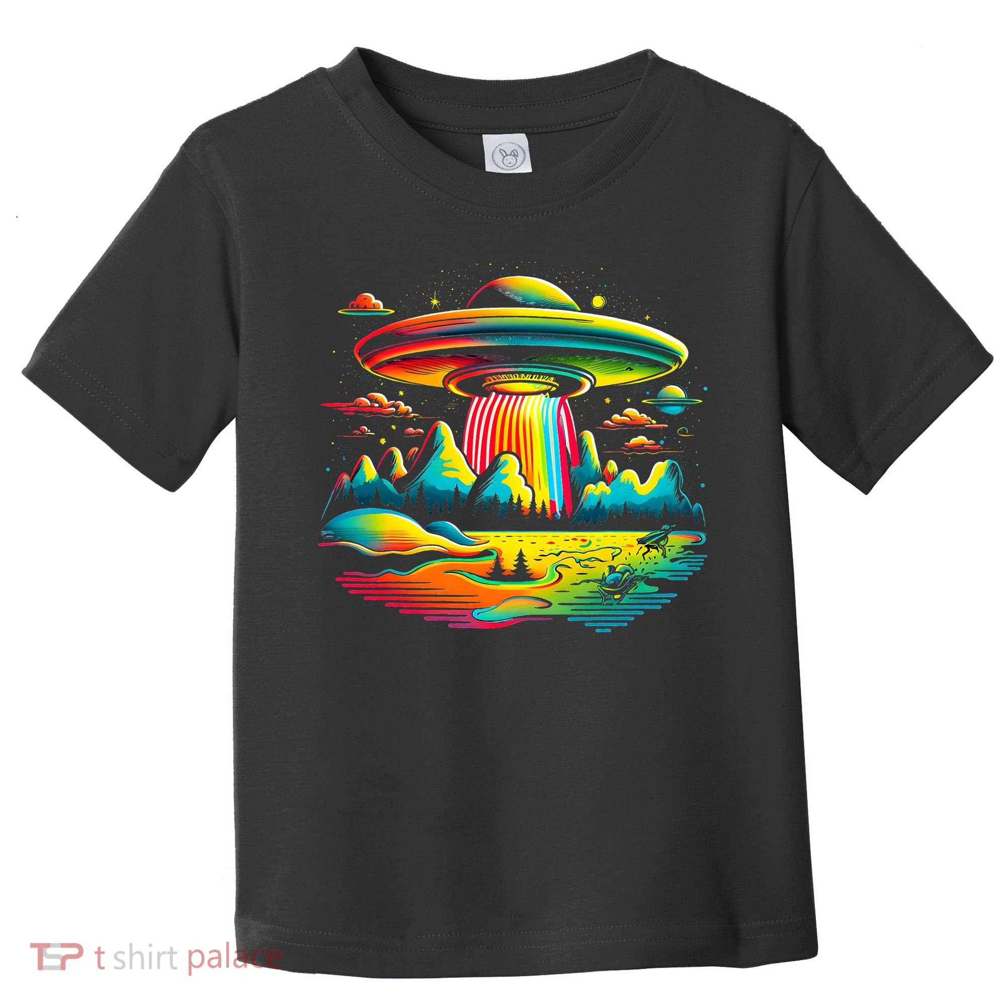 Bright Mountain Lake Camping Visitor UFO Alien Retro Toddler T-Shirt