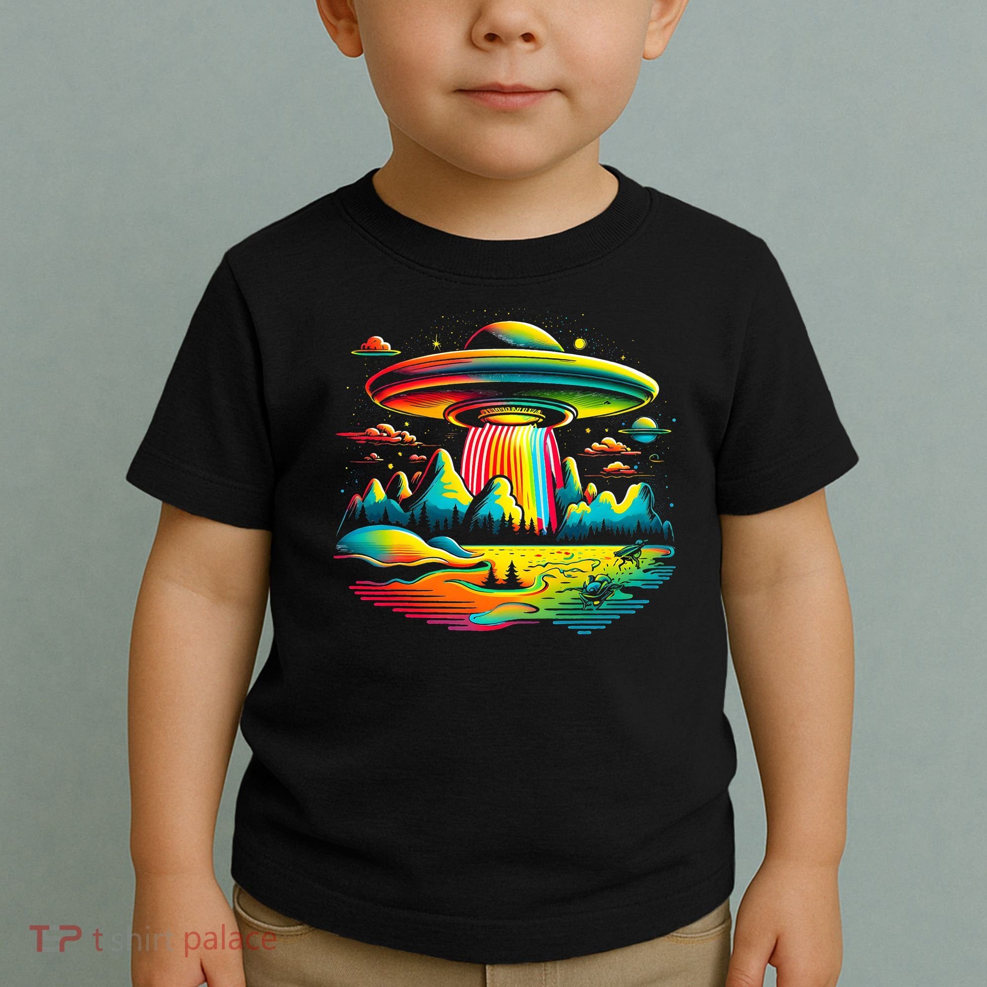 Bright Mountain Lake Camping Visitor UFO Alien Retro Toddler T-Shirt