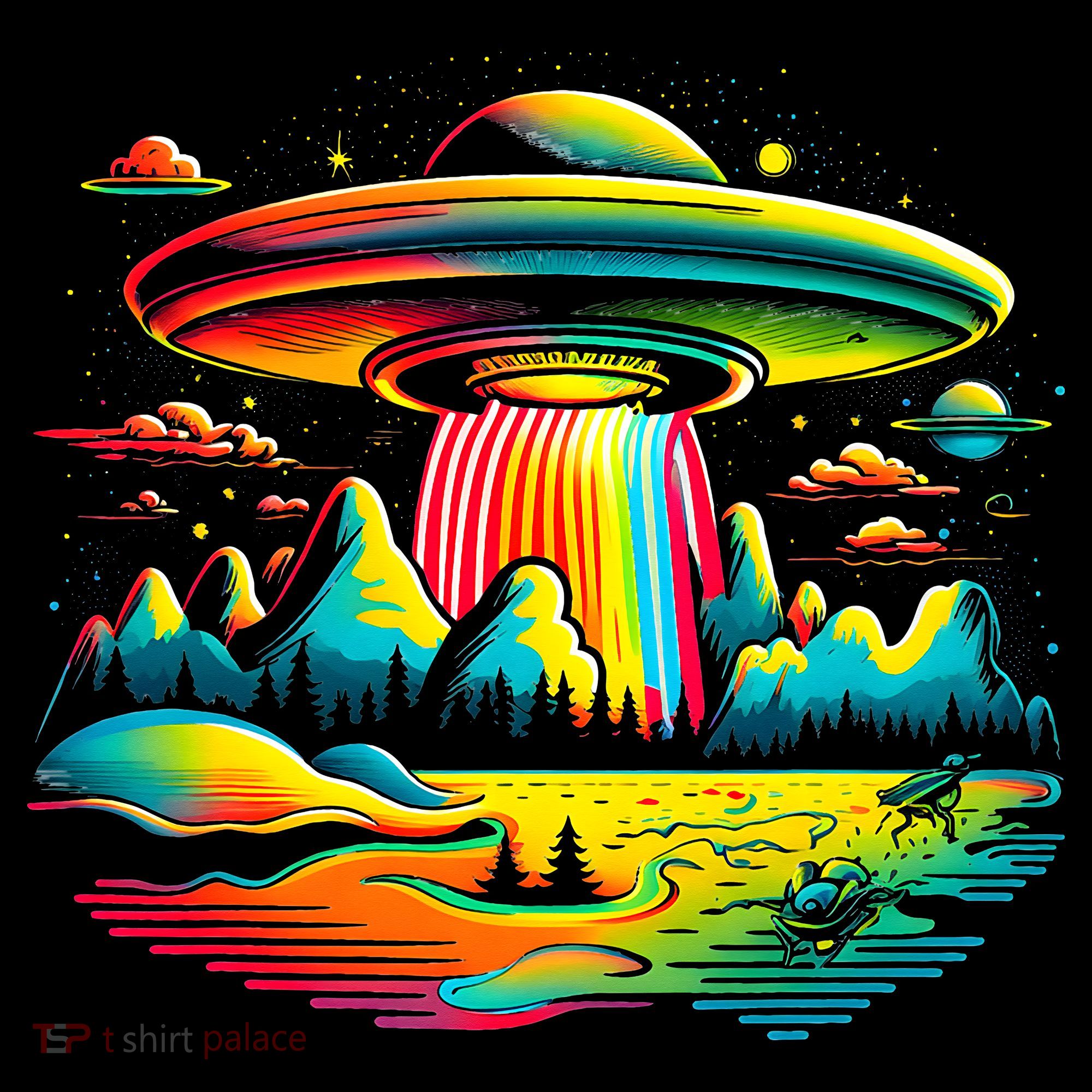 Bright Mountain Lake Camping Visitor UFO Alien Retro Toddler T-Shirt