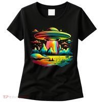 Bright Mountain Lake Camping Visitor UFO Alien Retro Women's T-Shirt thumb 0
