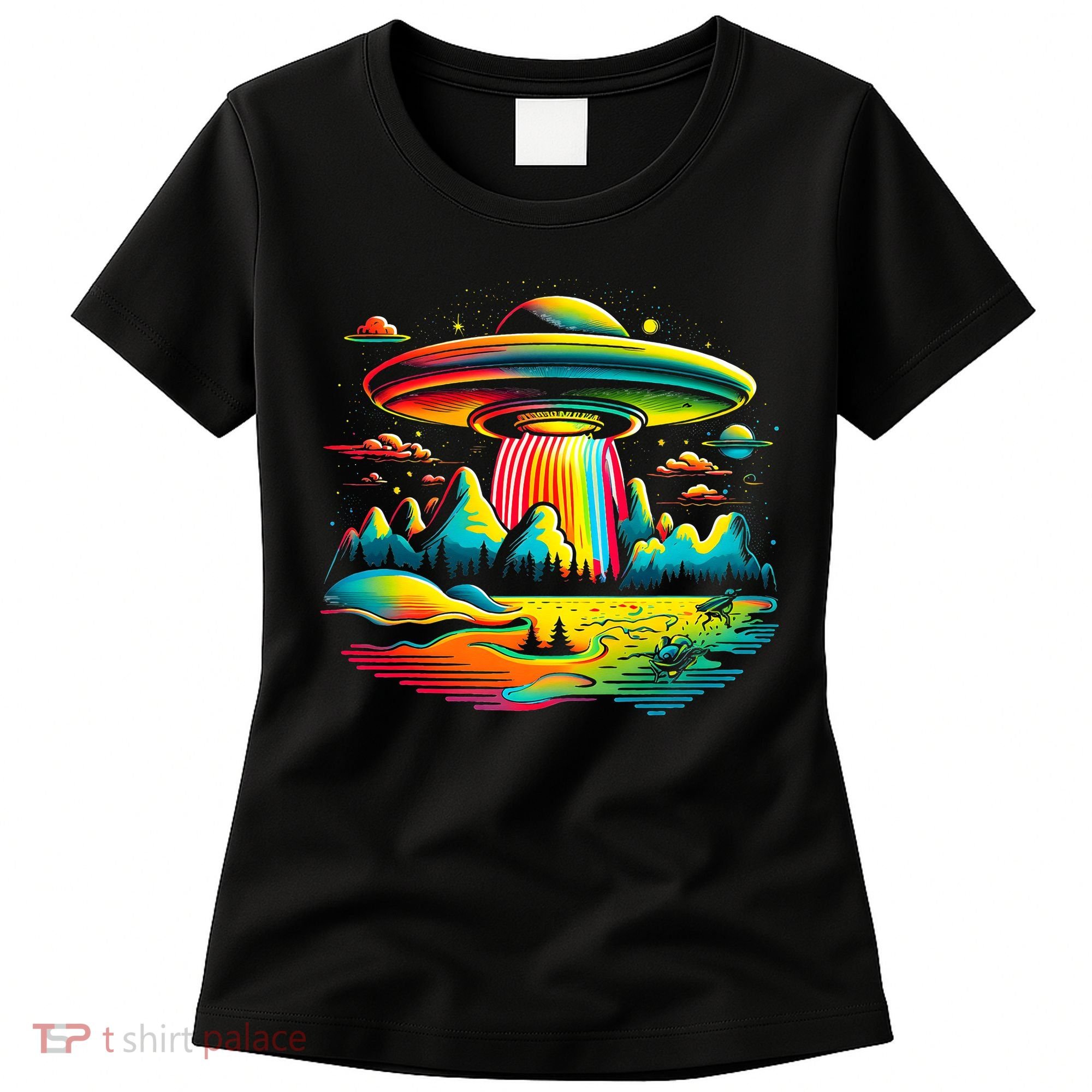 Bright Mountain Lake Camping Visitor UFO Alien Retro Women's T-Shirt