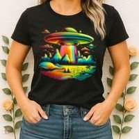 Bright Mountain Lake Camping Visitor UFO Alien Retro Women's T-Shirt thumb 2