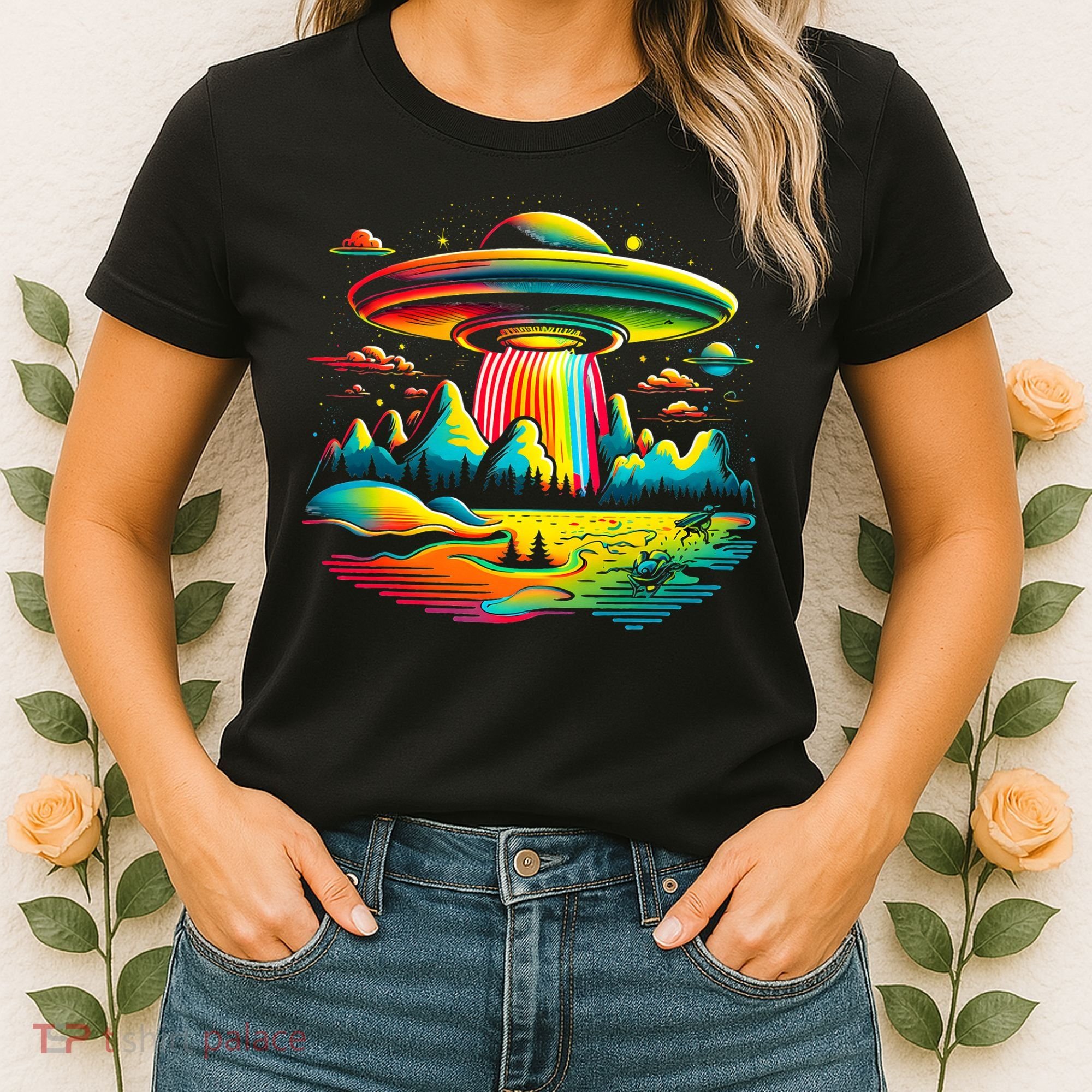 Bright Mountain Lake Camping Visitor UFO Alien Retro Women's T-Shirt