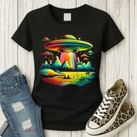 Bright Mountain Lake Camping Visitor UFO Alien Retro Women's T-Shirt thumb 3