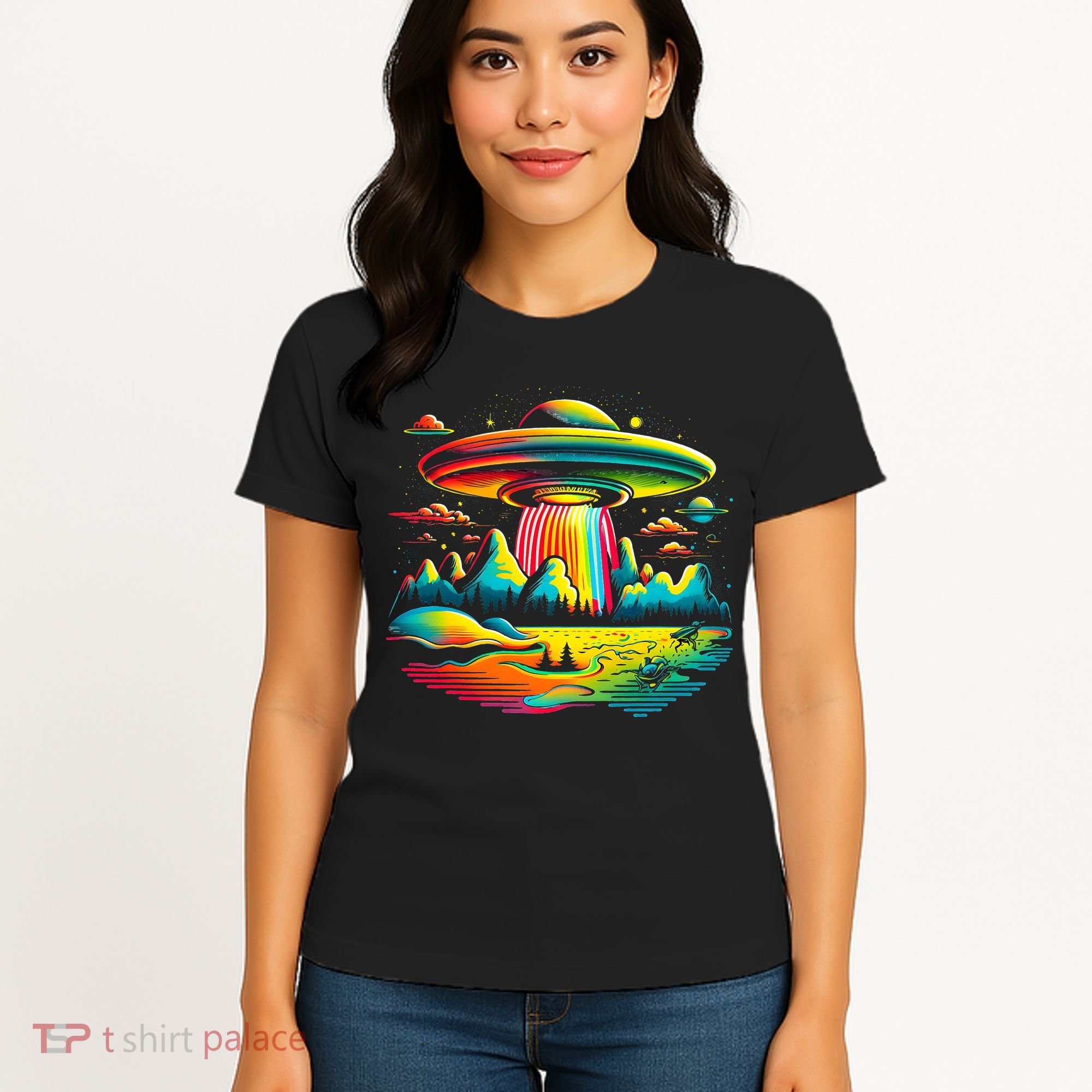 Bright Mountain Lake Camping Visitor UFO Alien Retro Women's T-Shirt