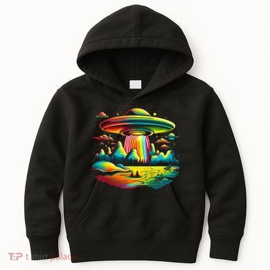 Bright Mountain Lake Camping Visitor UFO Alien Retro Kids Hoodie