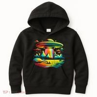 Bright Mountain Lake Camping Visitor UFO Alien Retro Kids Hoodie thumb 0