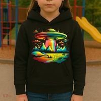 Bright Mountain Lake Camping Visitor UFO Alien Retro Kids Hoodie thumb 3