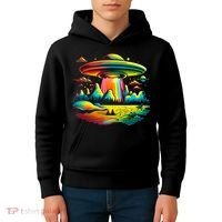 Bright Mountain Lake Camping Visitor UFO Alien Retro Kids Hoodie thumb 4