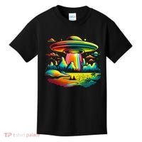 Bright Mountain Lake Camping Visitor UFO Alien Retro Kids T-Shirt thumb 0