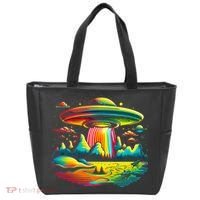 Bright Mountain Lake Camping Visitor UFO Alien Retro Tote Bag thumb 0