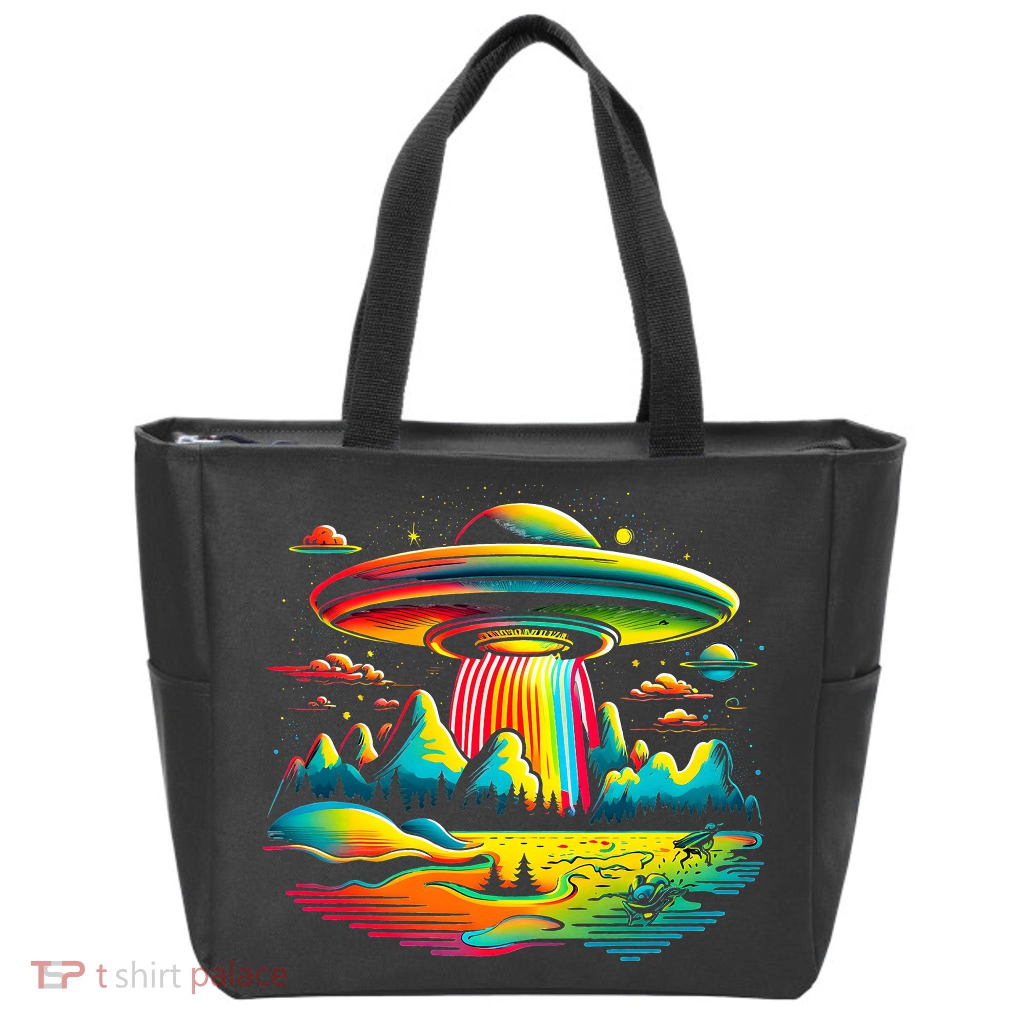 Bright Mountain Lake Camping Visitor UFO Alien Retro Tote Bag