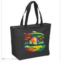 Bright Mountain Lake Camping Visitor UFO Alien Retro Tote Bag thumb 2