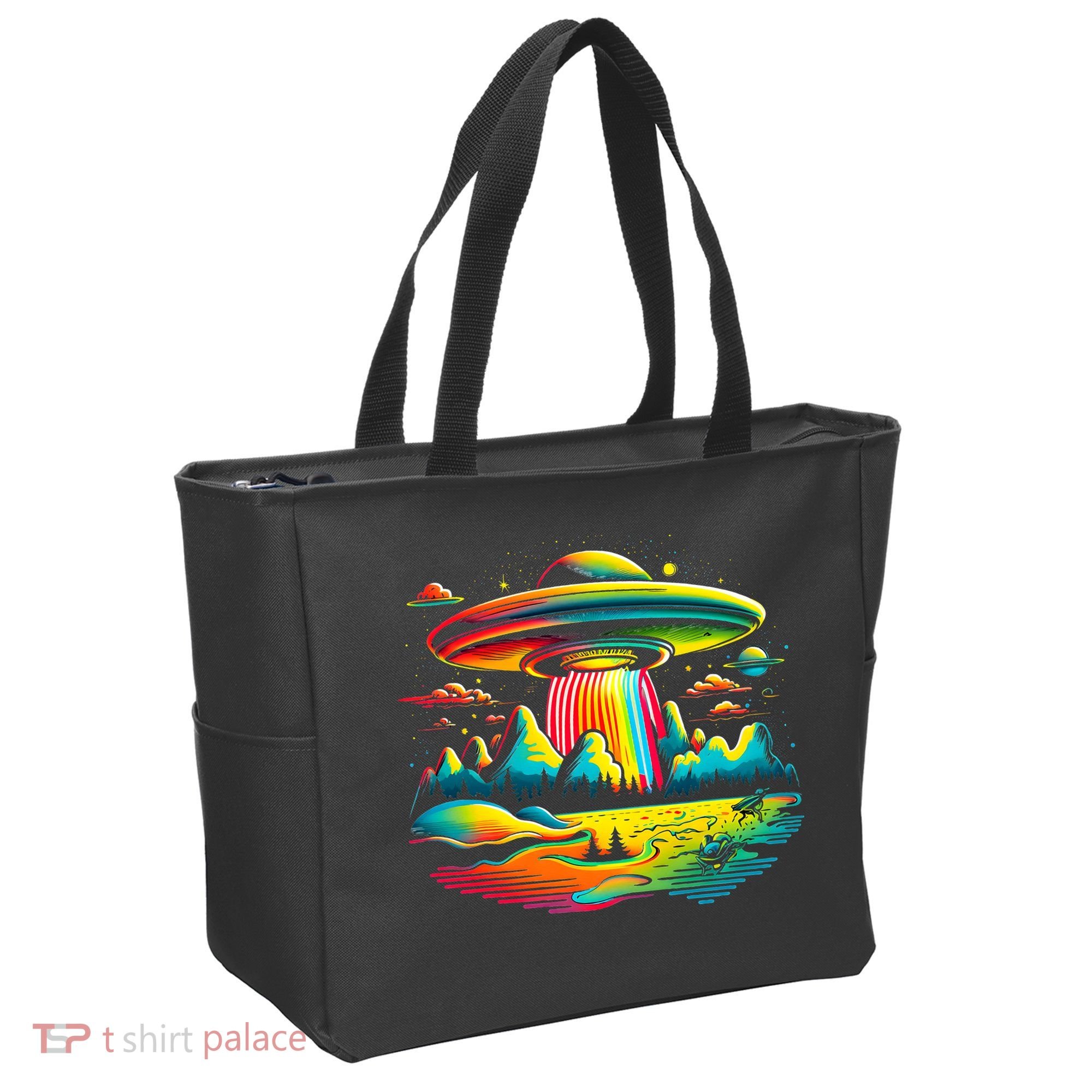 Bright Mountain Lake Camping Visitor UFO Alien Retro Tote Bag