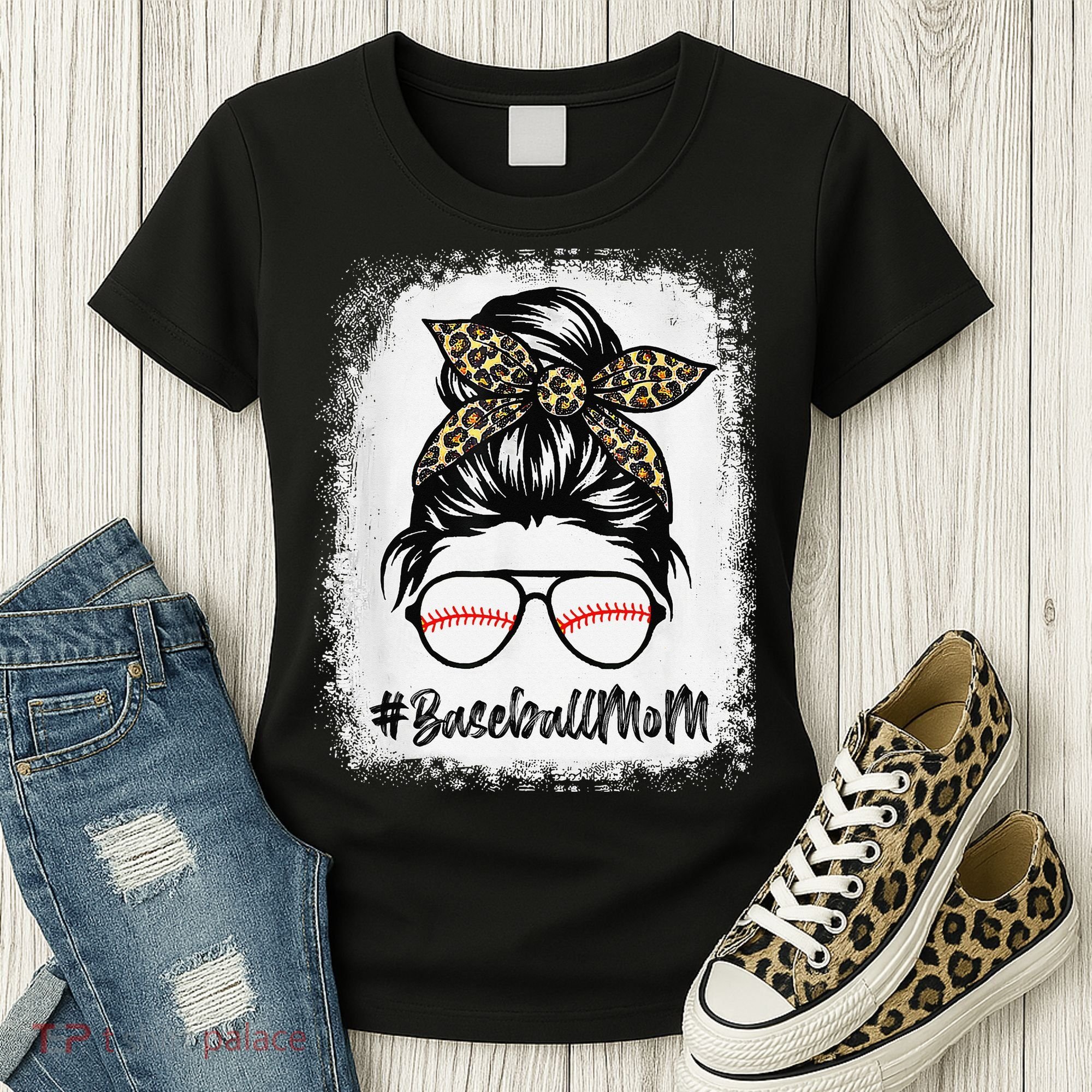 Baseball Mom Leopard Mothers Day Women Baseball Mama Women's T-Shirt