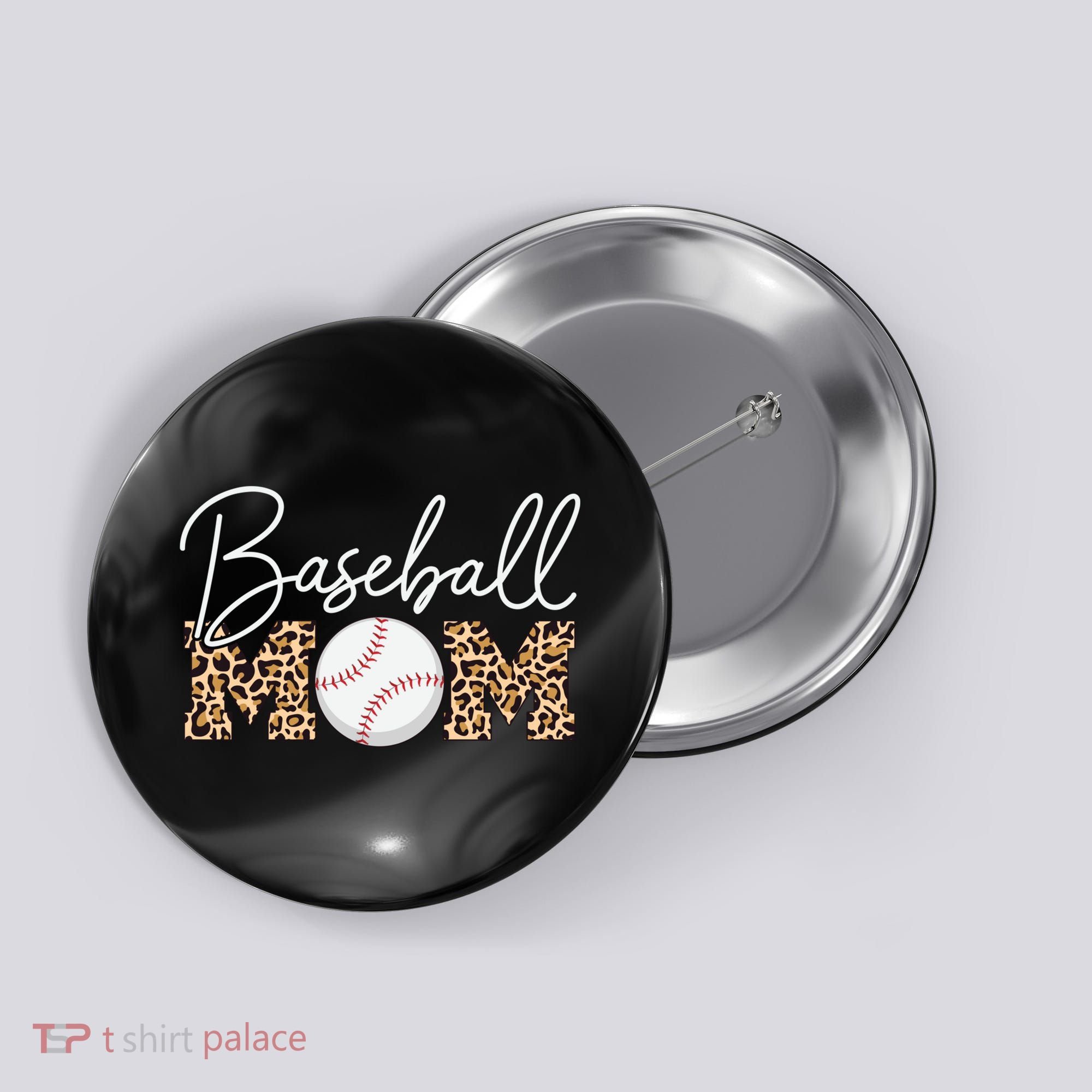 Baseball Mom - Leopard Print Cursive Script Button