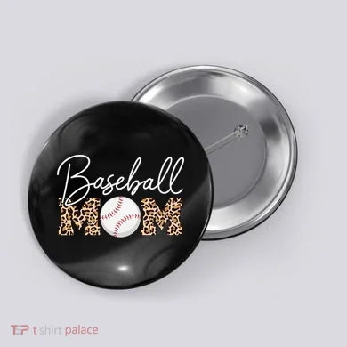 Baseball Mom - Leopard Print Cursive Script Button