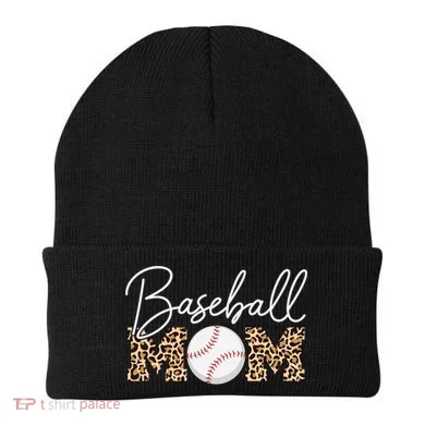 Baseball Mom - Leopard Print Cursive Script Beanie