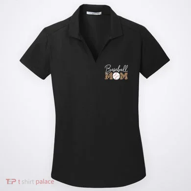 Baseball Mom - Leopard Print Cursive Script Women's Dry Zone Grid Polo