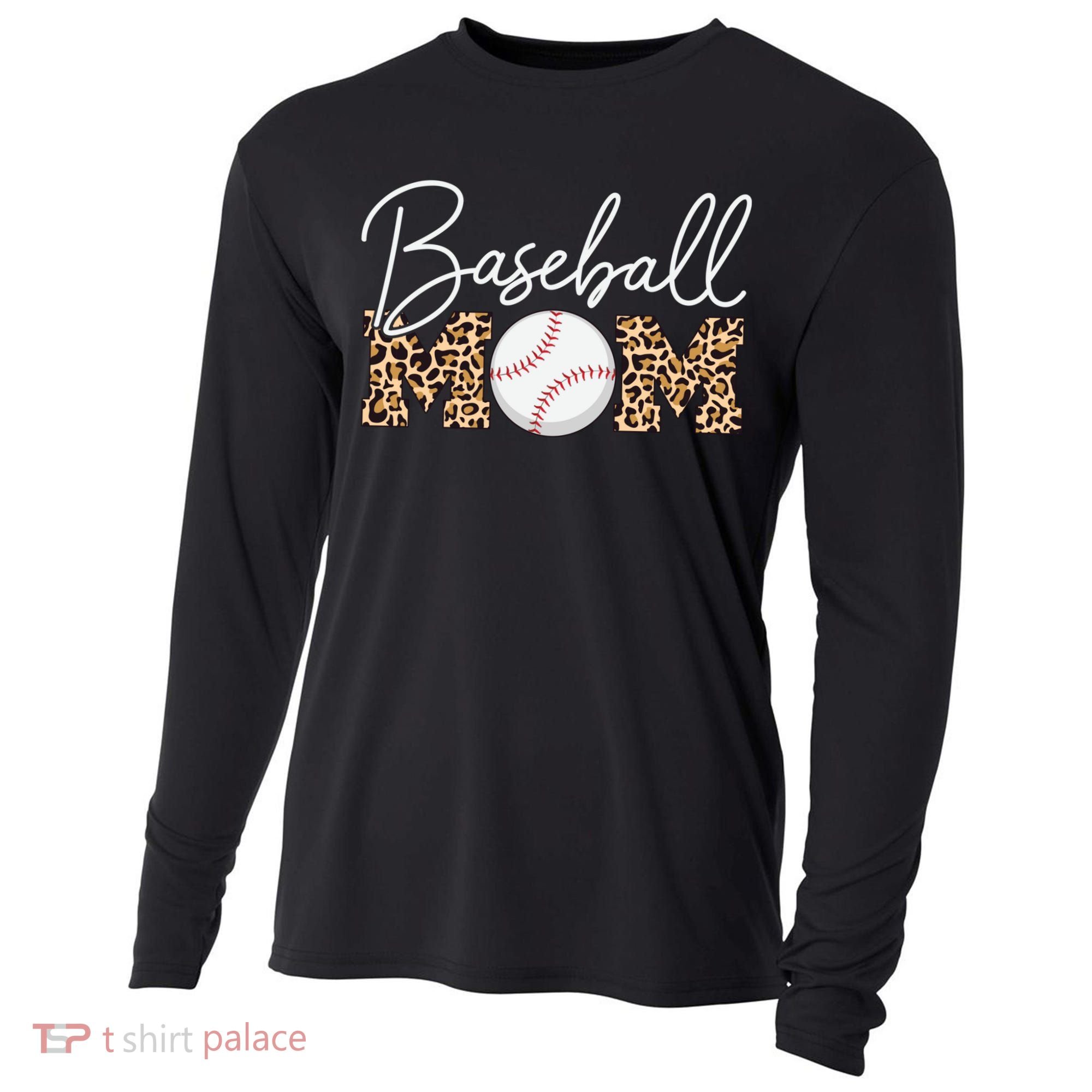 Baseball Mom - Leopard Print Cursive Script Cooling Performance Long Sleeve Crew