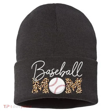 Baseball Mom - Leopard Print Cursive Script Sustainable Knit Beanie