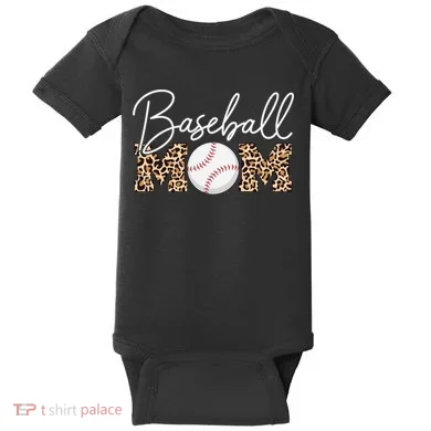 Baseball Mom - Leopard Print Cursive Script Baby Bodysuit
