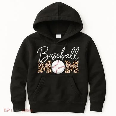 Baseball Mom - Leopard Print Cursive Script Kids Hoodie