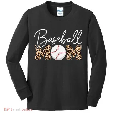 Baseball Mom - Leopard Print Cursive Script Kids Long Sleeve Shirt