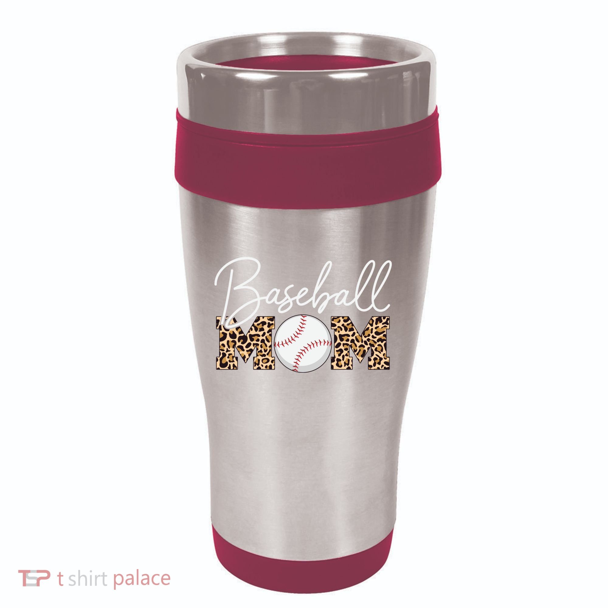 Baseball Mom - Leopard Print Cursive Script 16oz Travel Tumbler