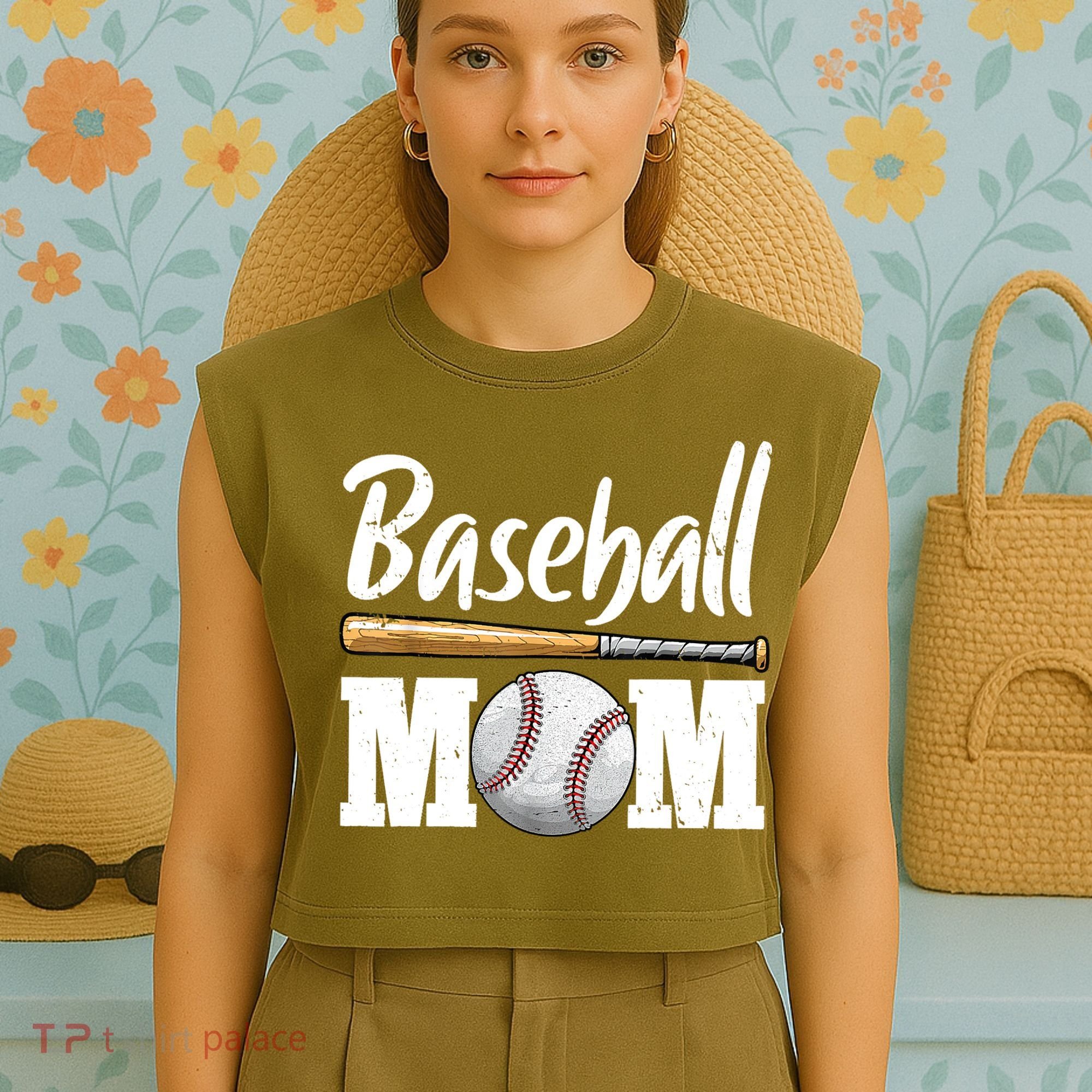 Baseball Mom Leopard Print Baseball Mama Mother's Day Garment-Dyed Women's Muscle Tee