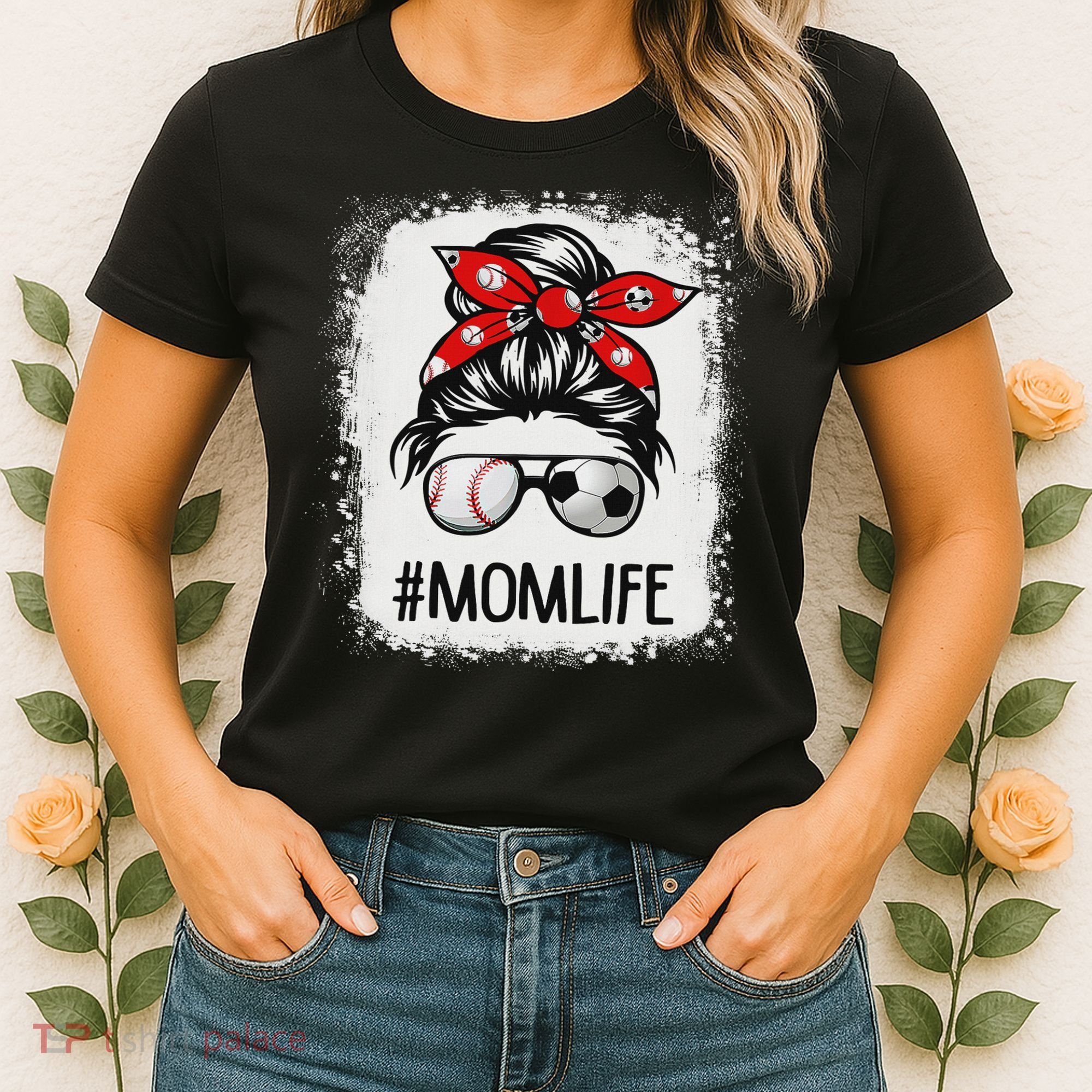 Bleached Mom Life Soccer Messy Bun Baseball Game Day Women's T-Shirt