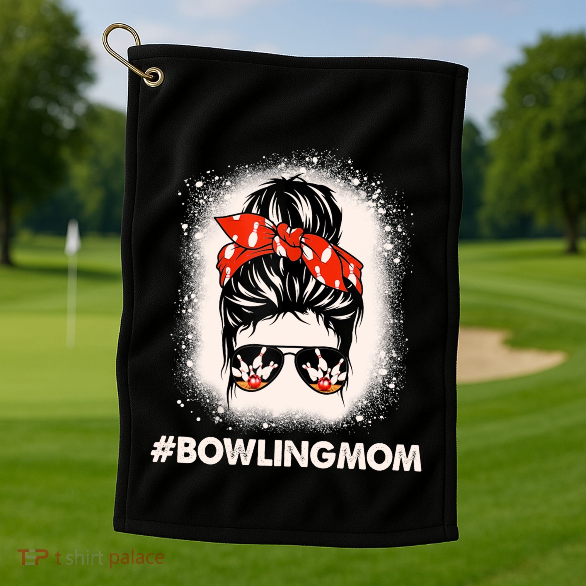 Bowling Mom Messy Bun Bleached Look Bowling Pins And Ball Gift Golf Towel