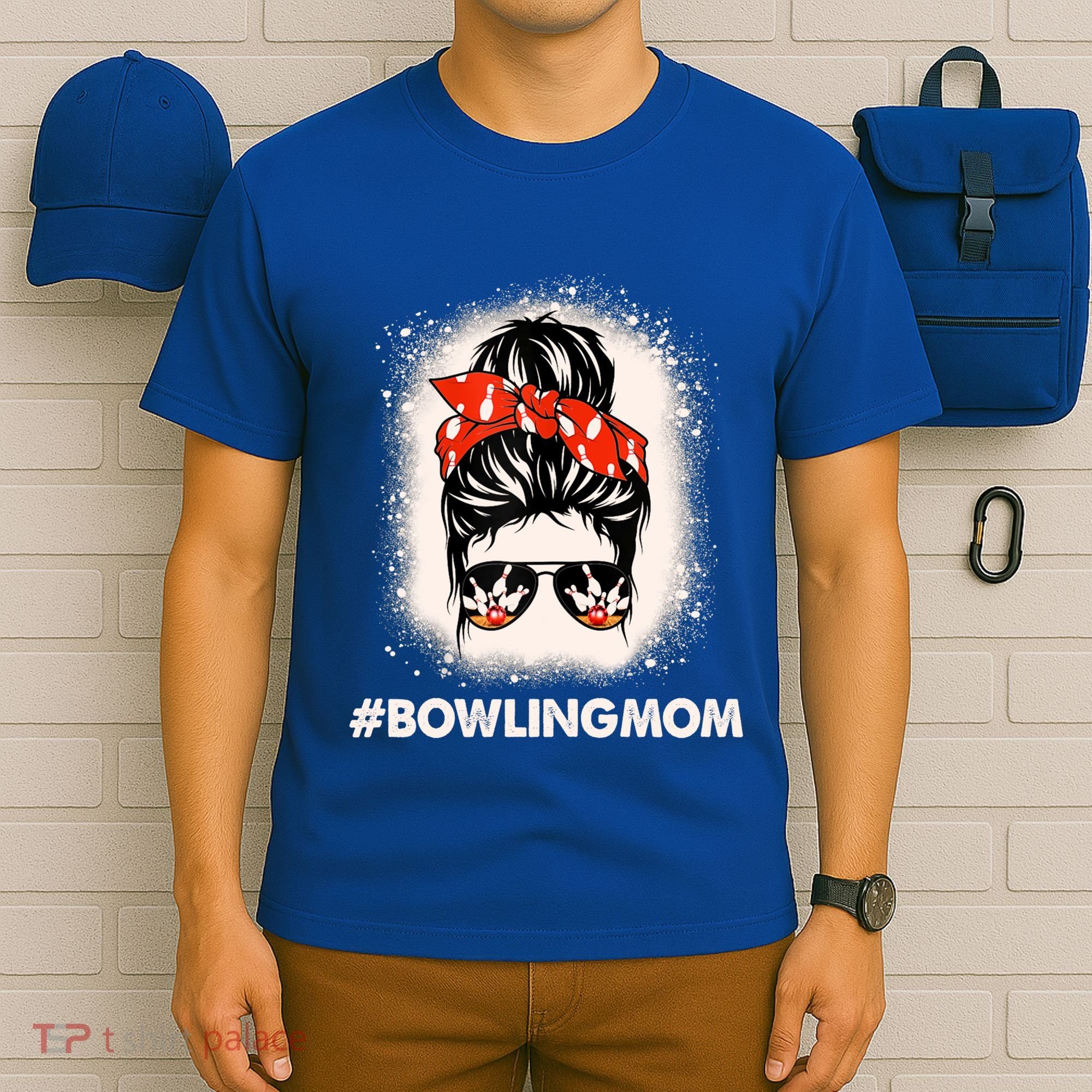 Bowling Mom Messy Bun Bleached Look Bowling Pins And Ball Gift T-Shirt