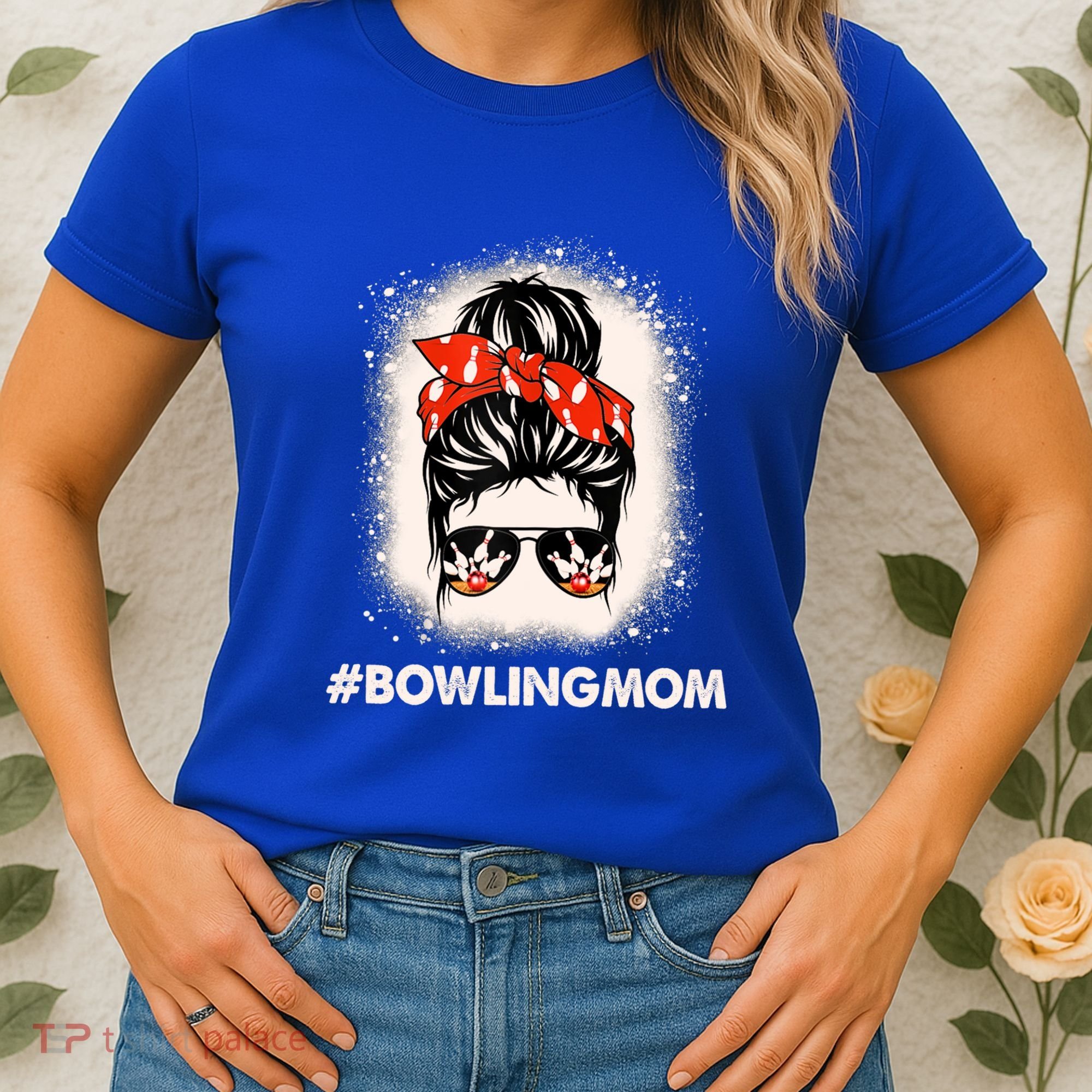 Bowling Mom Messy Bun Bleached Look Bowling Pins And Ball Gift Women's T-Shirt