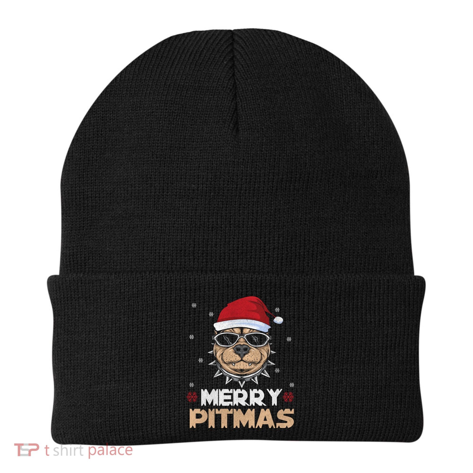 Backprint Merry Pitmas Pitbull Christmas Hat Gift Beanie