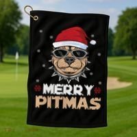 Backprint Merry Pitmas Pitbull Christmas Hat Gift Golf Towel thumb 1