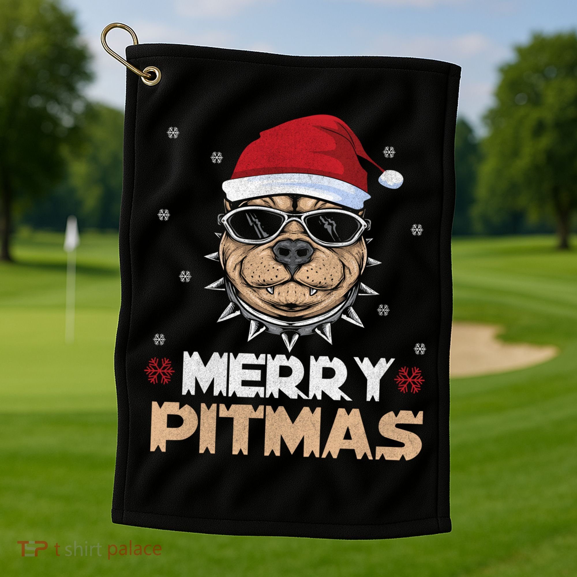 Backprint Merry Pitmas Pitbull Christmas Hat Gift Golf Towel