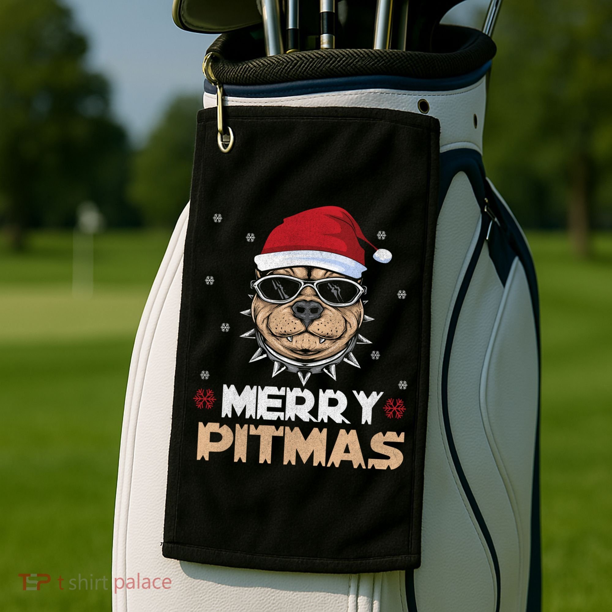 Backprint Merry Pitmas Pitbull Christmas Hat Gift Golf Towel
