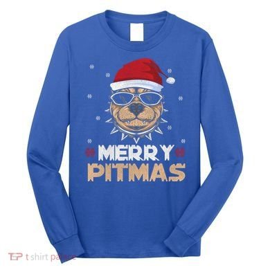 Backprint Merry Pitmas Pitbull Christmas Hat Gift Long Sleeve Shirt